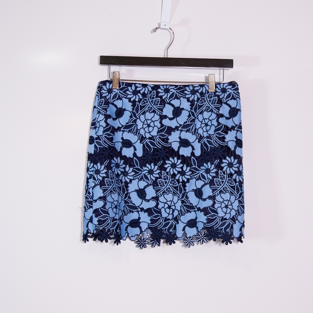 NEW Milly Two Tone Navy Blue Floral Flower Lace Crochet Modern Mini Skirt 0